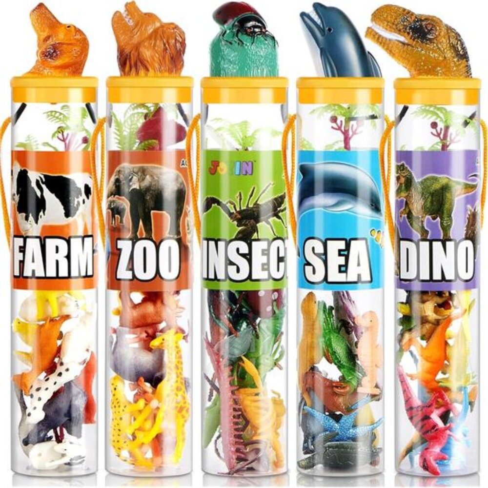 JOYIN 69 Pcs Small Animal Figures, Mini Jungle Toy Set with Sensory Bin
